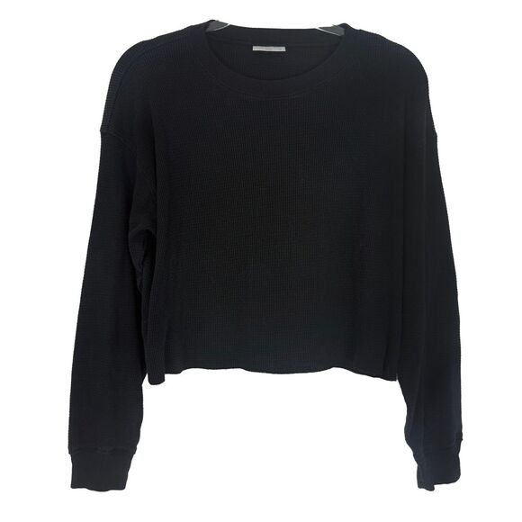 TNA Aritzia Waffle Crew Boxy Long Sleeve M Black Crop Top Thermal EUC B36 - Picture 2 of 6